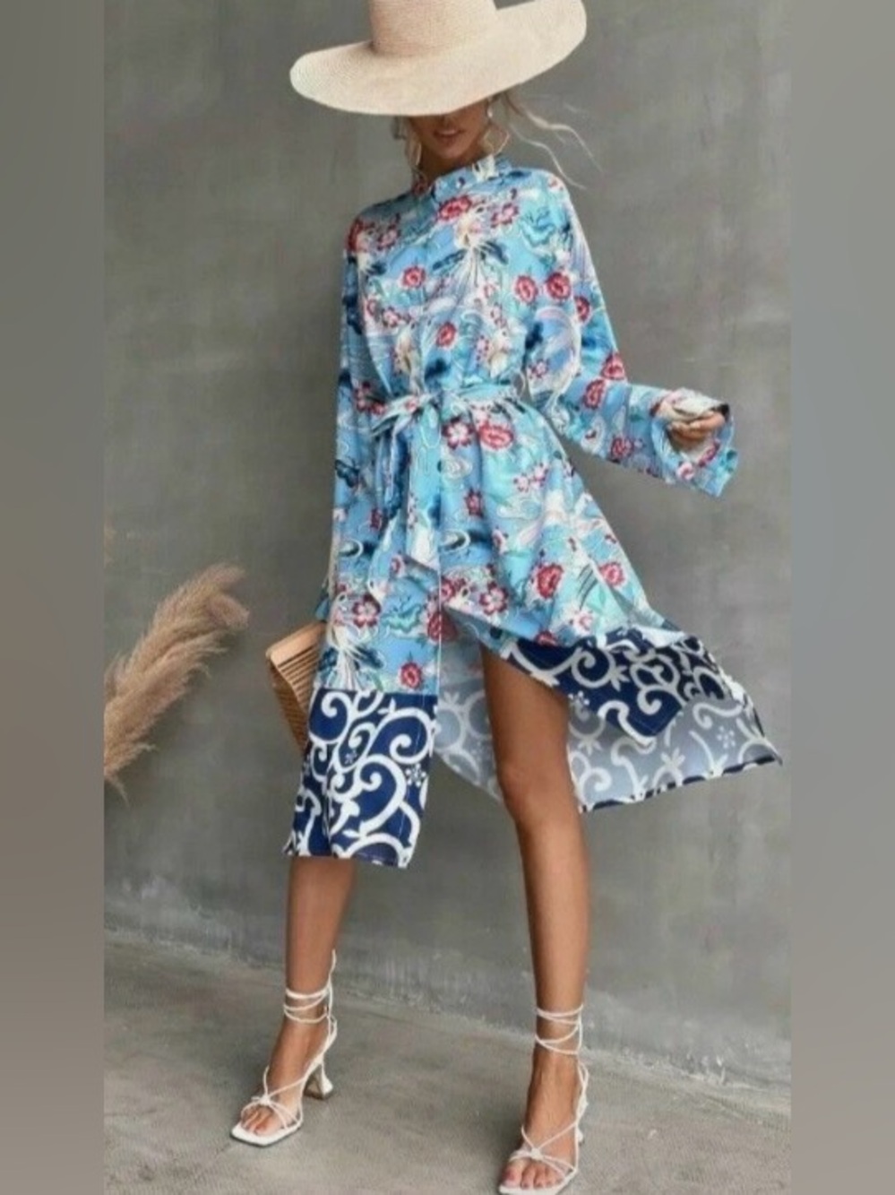 Zara blue and Navy Floral Tie-Waist Long Sleeve Midi Shirt Dress